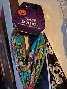 Kids Halloween Scarf - Teal Multicolor Skull Print